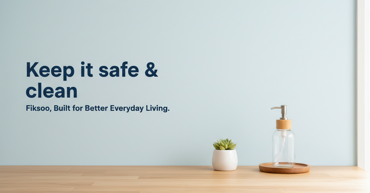 Fiksoo cleaning product on a wooden table with a light blue wall in the background