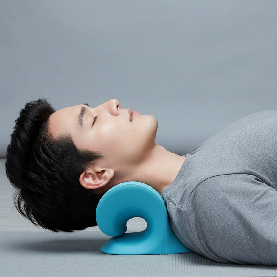 Person lying on a mat with a blue neck pillow against a gray background
