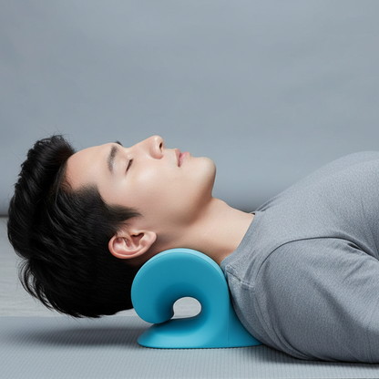 Person lying on a mat with a blue neck pillow against a gray background